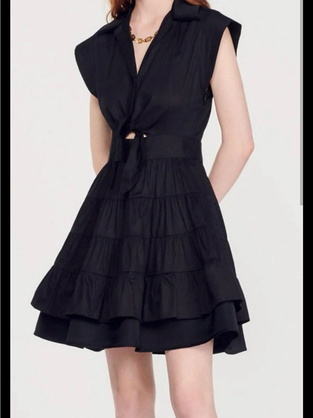 Sandro Paris Fifi Black Tiered Mini Dress Waist Tie Cotton Poplin FR 36